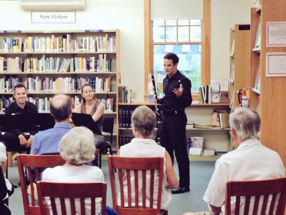 Discussing George Crumb's "Eleven Echoes of Autumn, 1965" at the Putney Library (Magdalena Filipczak, violin; Conor Nelson, alto flute; Ran Kampel, clarinet; Gilbert Kalish, piano)