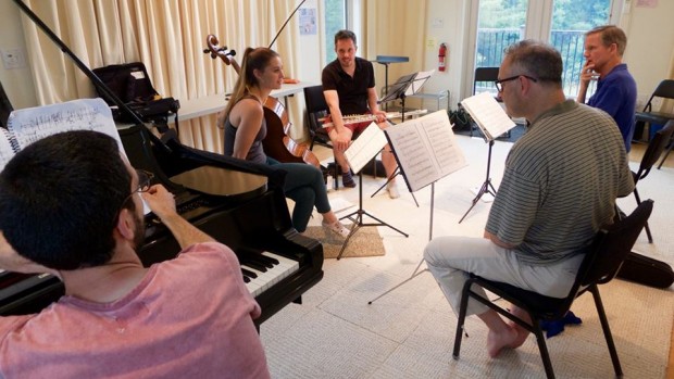 Rehearsing James Woods's "Crying bird, echoing star" (Curtis Macomber, violin; Madeline Fayette, cello; Conor Nelson, flute; Alan Kay, clarinet; Daniel Anastasio, piano) 